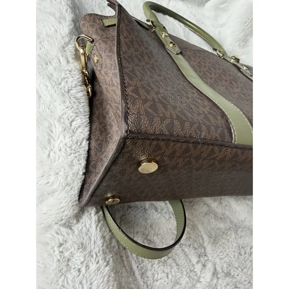 Michael Kors Nouveau Hamilton Large Satchel Bag Brown MK Logo Olive Green Trim